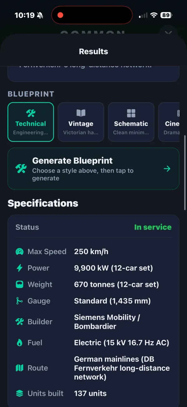 LocoSnap technical specifications for a DB ICE 4